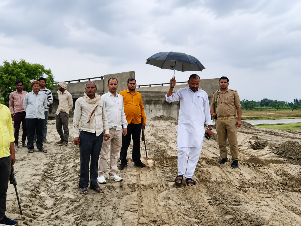 Instructions to open the bridge in Mirzapur within a month: Jalalabad MLA inspected the under-construction bridge in the rain and took stock of the situation. chatgpt image may 5, 2026, 09 33 22 am